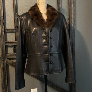 Brooks Brothers Black Leather Jacket w/Mink Collar, size 12